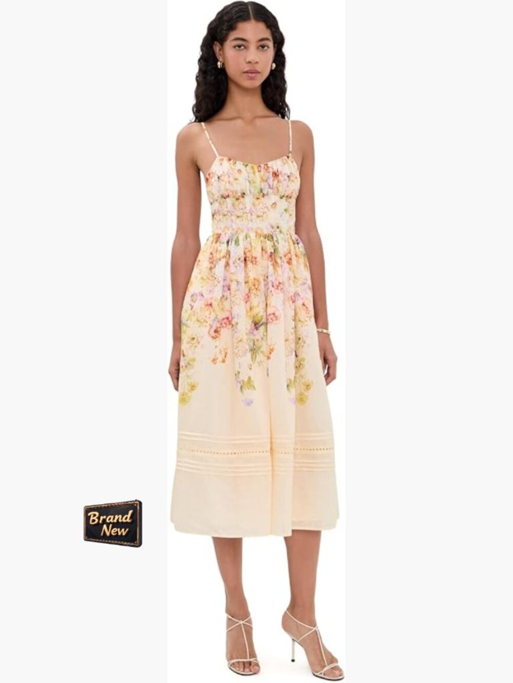 Midi Fit & Flare Dress Sweetheart Neck Smocked Back Pintuck Floral Sleeveless